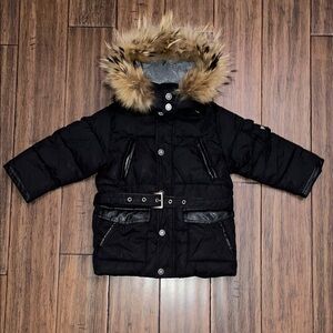 Armani Junior Black Quilted Coat with real detachable Fur